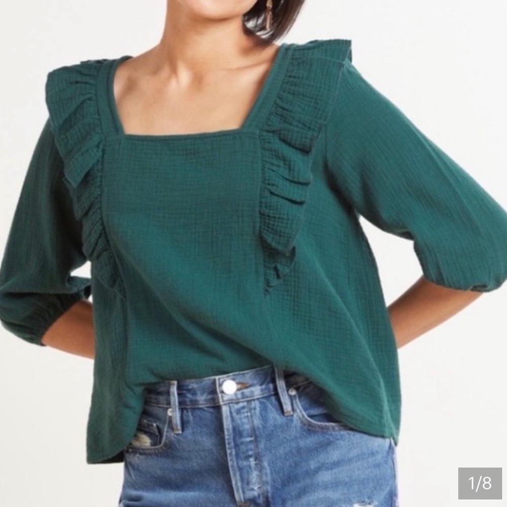 Evereve Forest Green Cotton Gauze Ruffle Puff Sleeve Square‎ Neck Blouse M boho